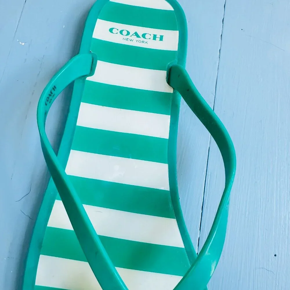 Coach Landon Green White Stripe Jelly Flip Flops Metal Bow Womens 10
